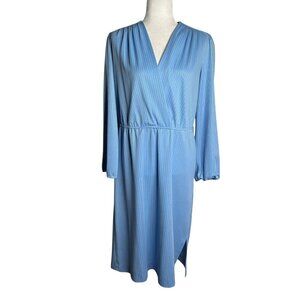 Vintage 80s Faux Wrap Dress Sz Medium Blue Striped Puff Sleeve Elastic Waist